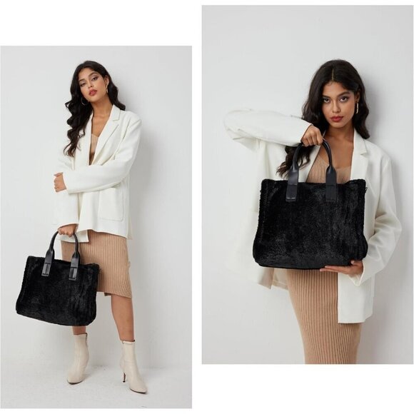 Large Tote Bag for Women Soft Winter Fuzzy Furry Shoulder Purse Handbag - Picture 6 of 6